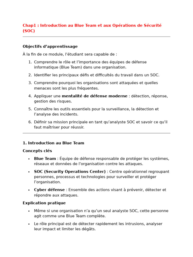 Chap1 Introduction Au Blue Team Et Aux Opérations de Sécurité | PDF