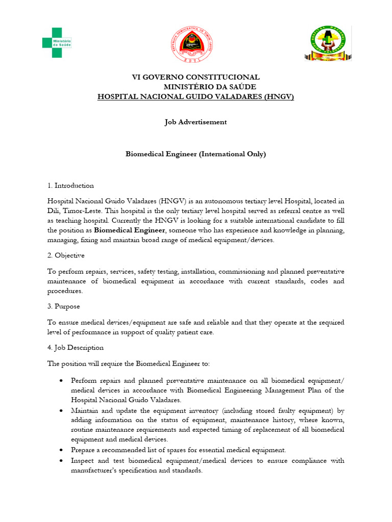 Job Advertisement For International Biomedical Engineer | PDF ...