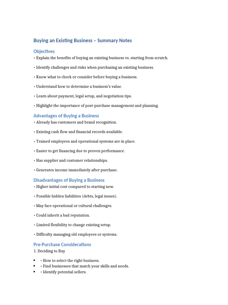 Buying An Existing Business Notes | PDF | Business | Valuation (Finance)