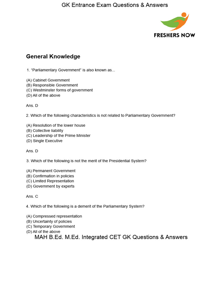 GK Entrance Exam Questions Answers | PDF | Government | Government Of India