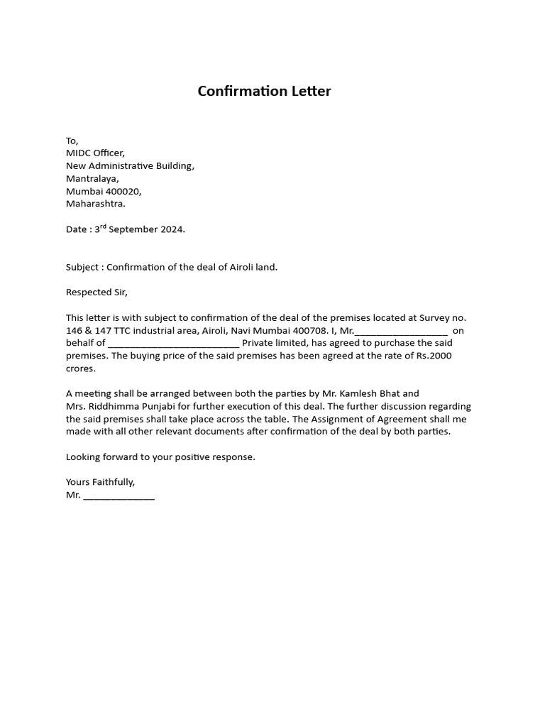 Confirmation Letter of Airoli Land | PDF