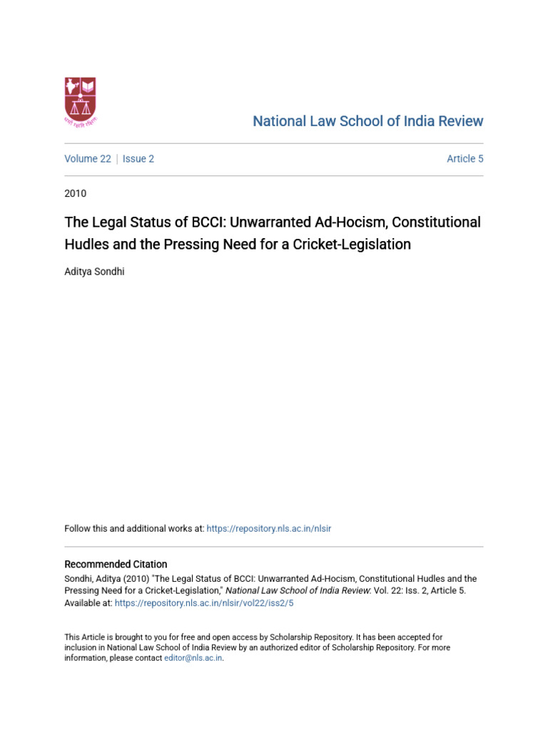 The Legal Status of BCCI | PDF | Taxes | Ratification
