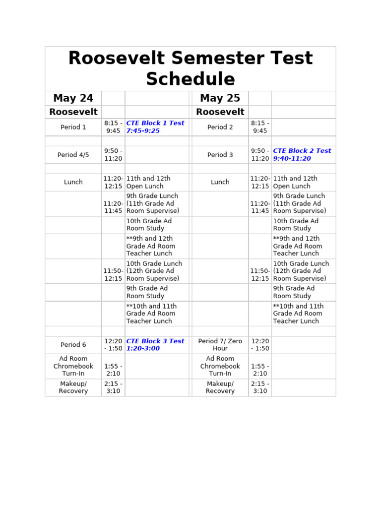 Roosevelt Semester Test Schedule | PDF