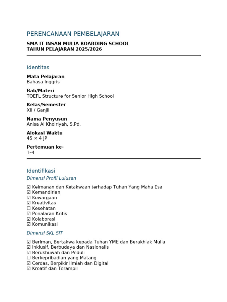 Modul Ajar Kelas Xii TOEFL Structure For Senior High School | PDF