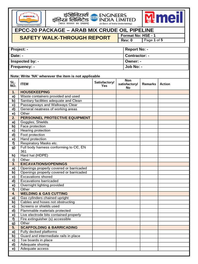 HSE - 1, Safety Walkthrough Report | PDF | Safety