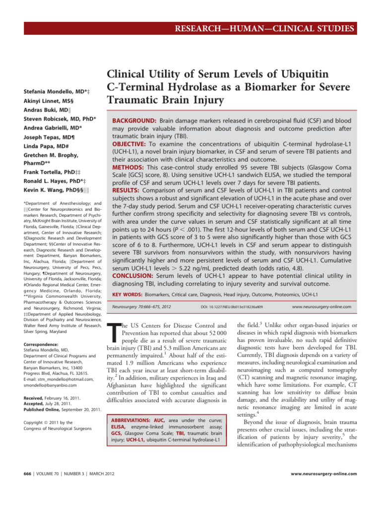 Mondello 2012 | PDF | Traumatic Brain Injury | Biomarker (Medicine)