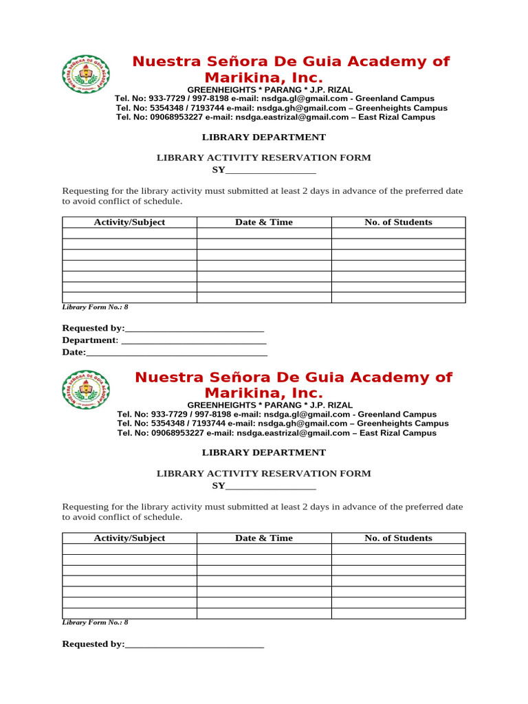 Form 8 Library Activity Reservation Form | PDF
