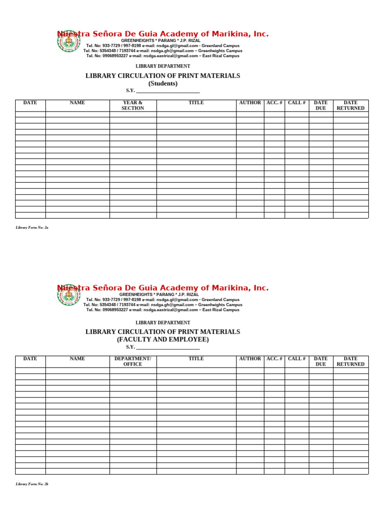 Form 2a & 2b Circulation of Print Materials Students & Faculty | PDF