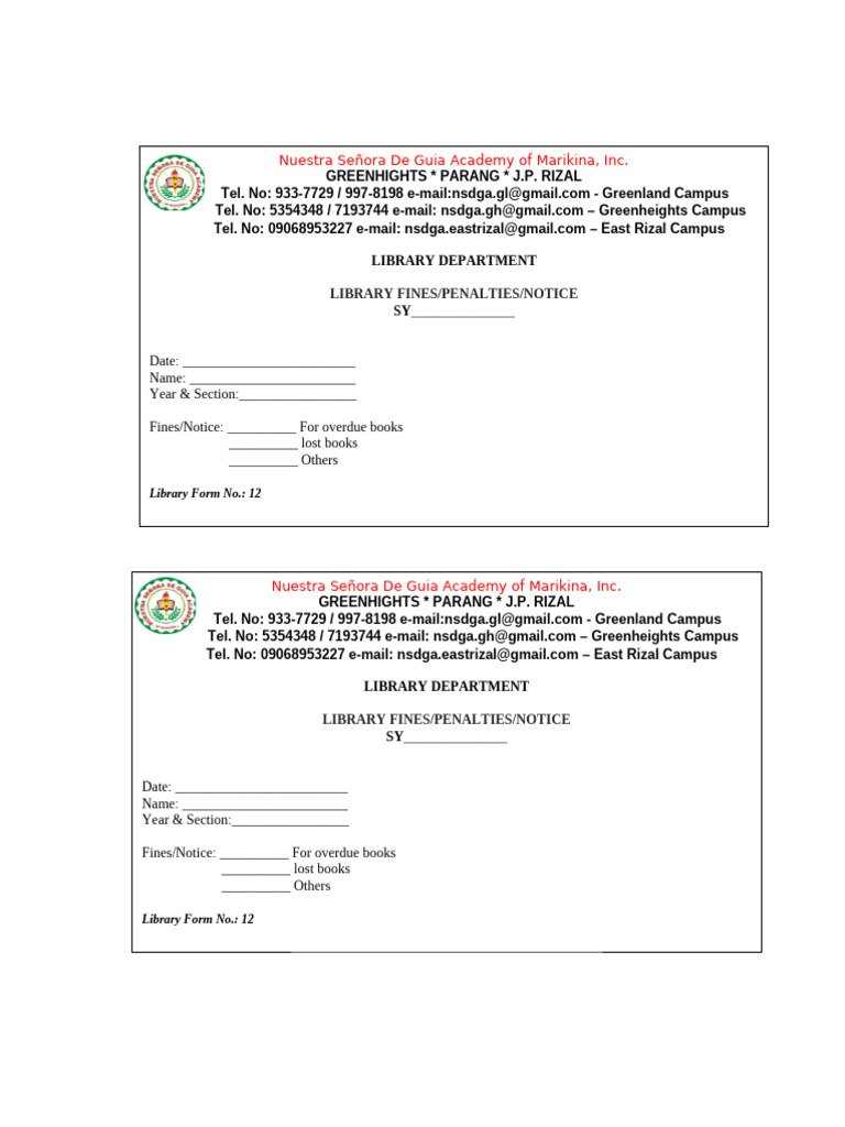 Form 12 Library Fines, Penalties, Notice Form | PDF
