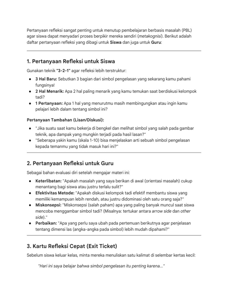 Pertanyaan Refleksi Akhir Pelajaran Pengelasan | PDF
