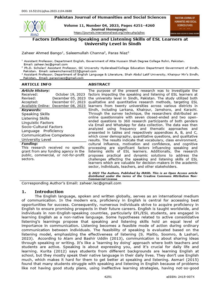 Factors Influencing Speaking and Listening Skills | PDF | English As A ...