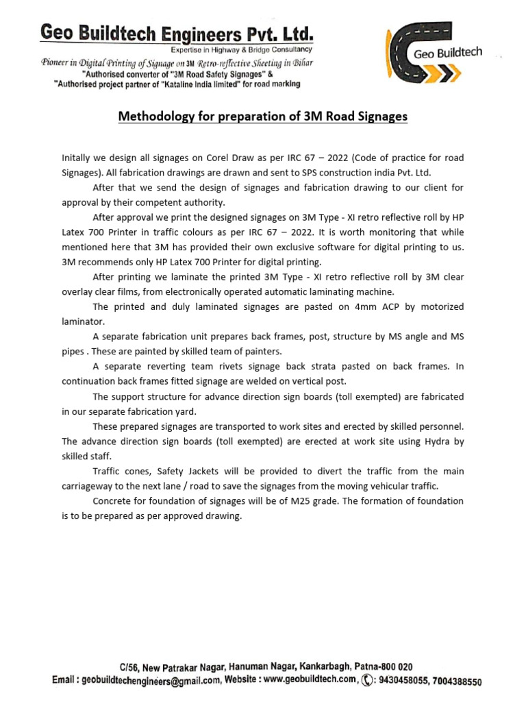 Methodology For Preparation of 3M Road Signages | PDF