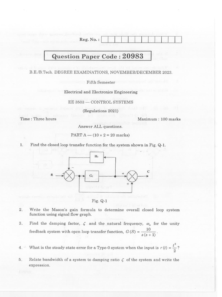 Control Systems - EE3503 2021 Regulation - Question Paper 2023 Nov Dec ...