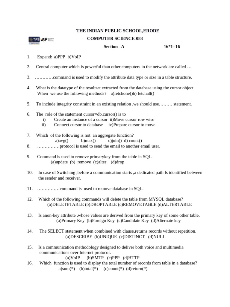 Revision Test SQL, Networks | PDF | Computing | Databases