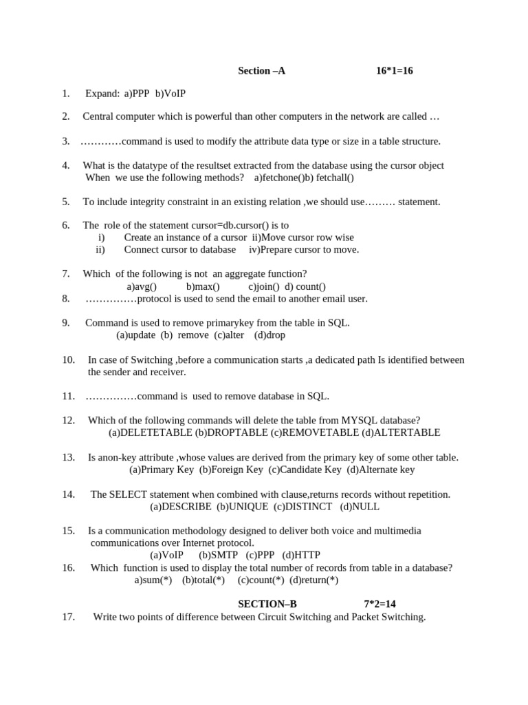 Revision Test SQL, Networks | PDF | Sql | Telecommunications