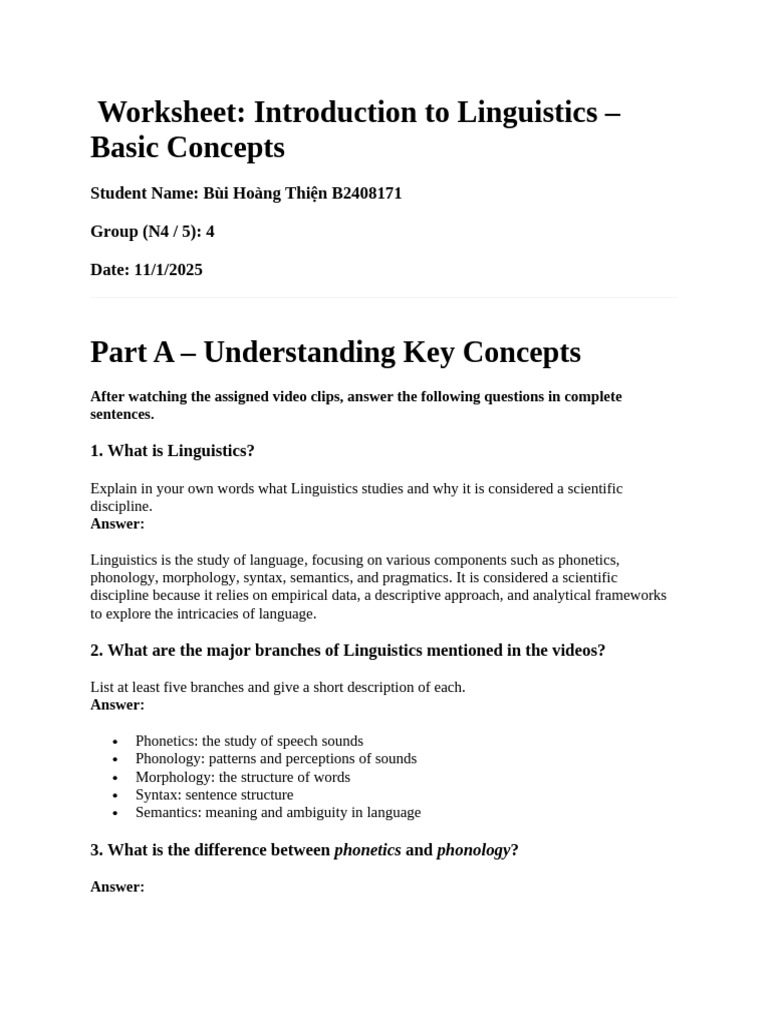 Worksheet Introduction To Linguistics Basic Concepts | PDF ...