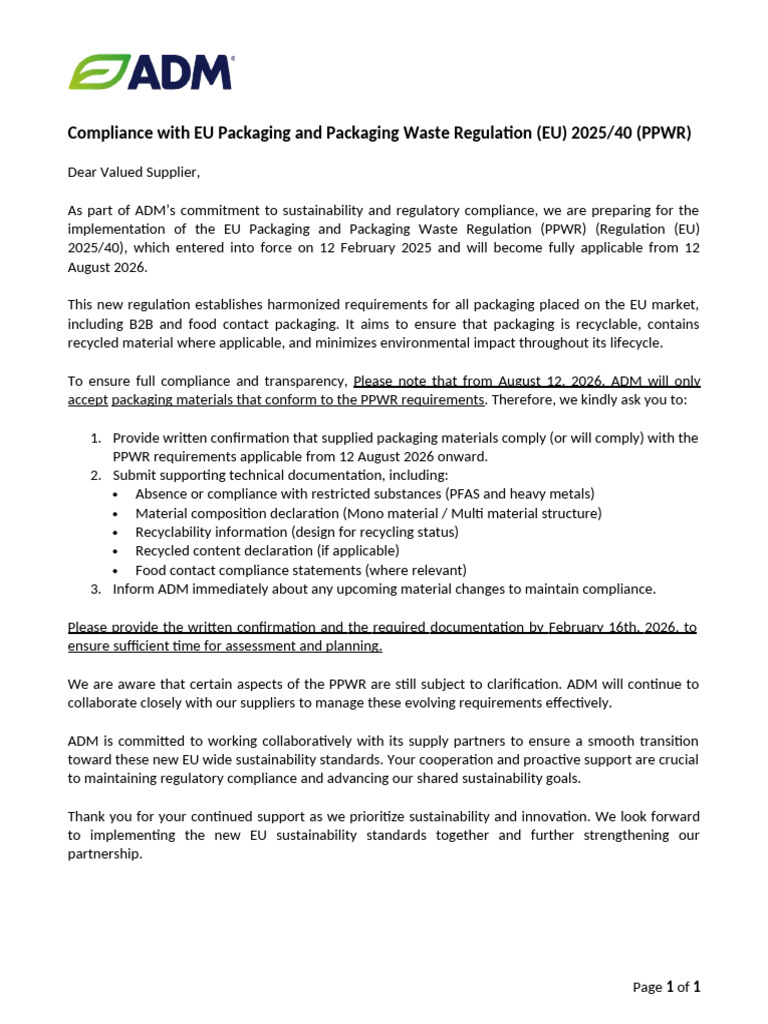 Supplier Letter PPWR en | PDF