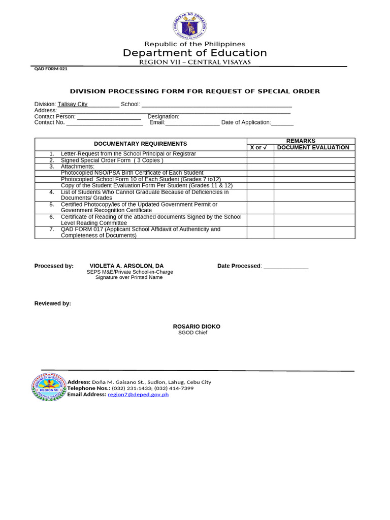 Qad Form 021 New Division Processing Form For Request of Special Order ...