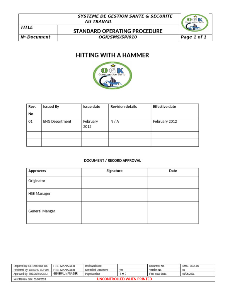 Ogk Sop 010 Hitting With A Hammer | PDF | Hammer | Safety