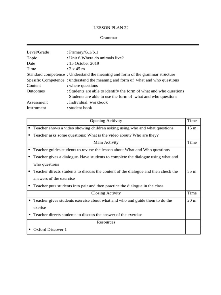 Lesson Plan Grammar Where Question | PDF | Teachers | Learning
