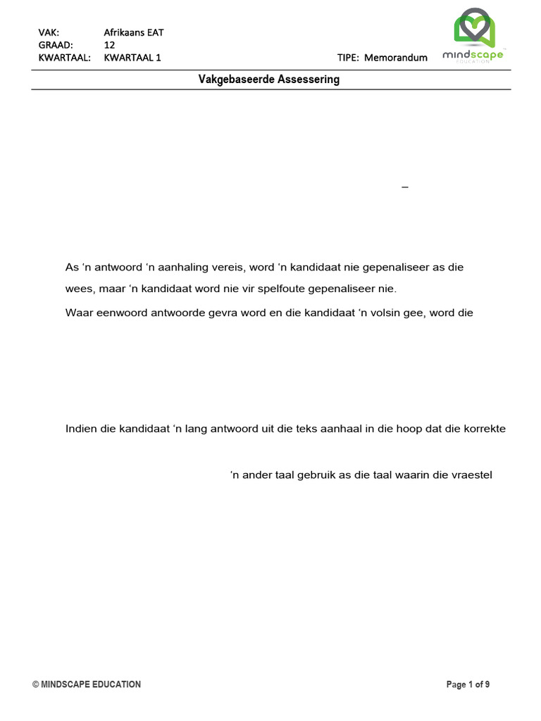 Graad 12 Afrikaans EAT T1 Taaltoets - Memo | PDF