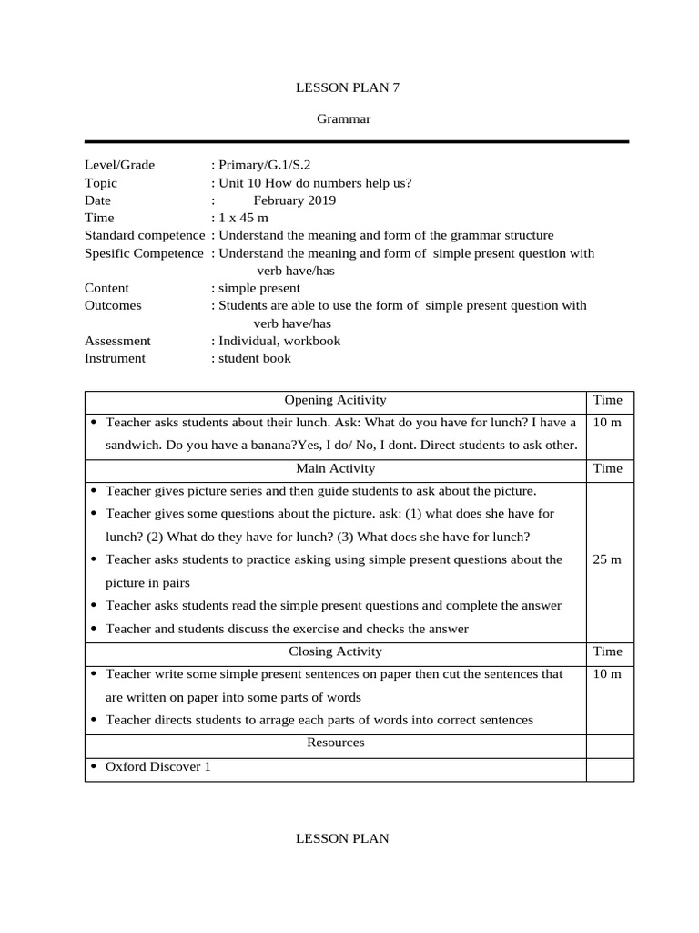 Lesson Plan Grammar Od1 Unit 10 | PDF | Teachers | Linguistic Typology
