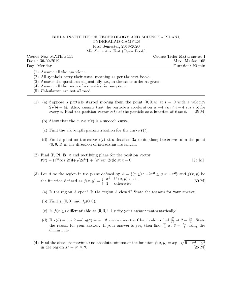 2019-2020 Semester-1 MidSem Paper | PDF | Curve | Mechanics