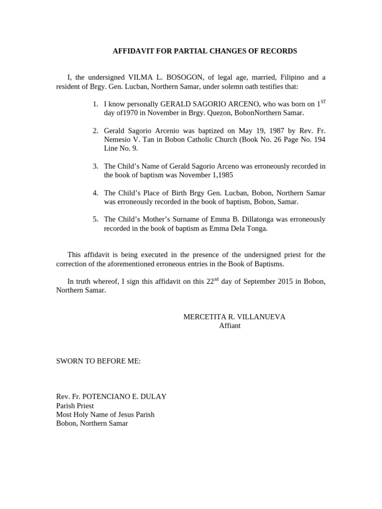 Affidavit For Partial Changes of Records | PDF