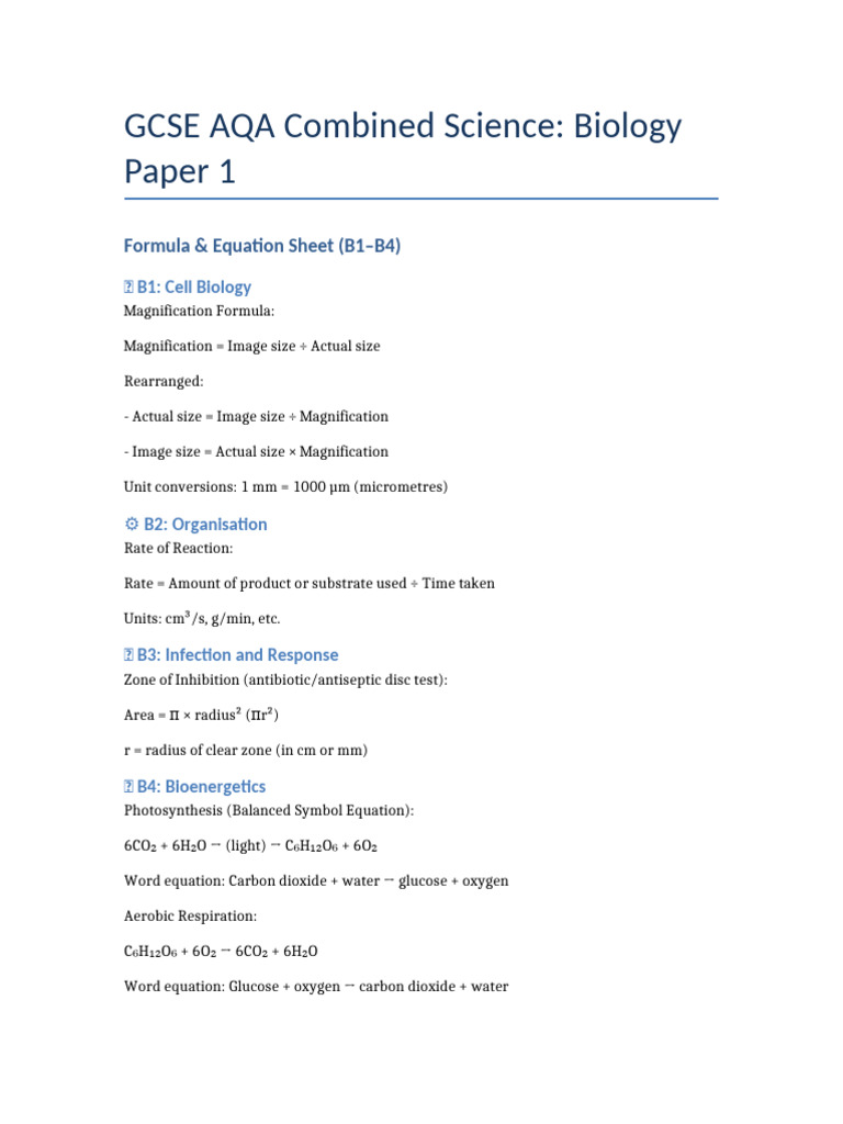 GCSE Biology Formula Sheet B1 To B4 | PDF