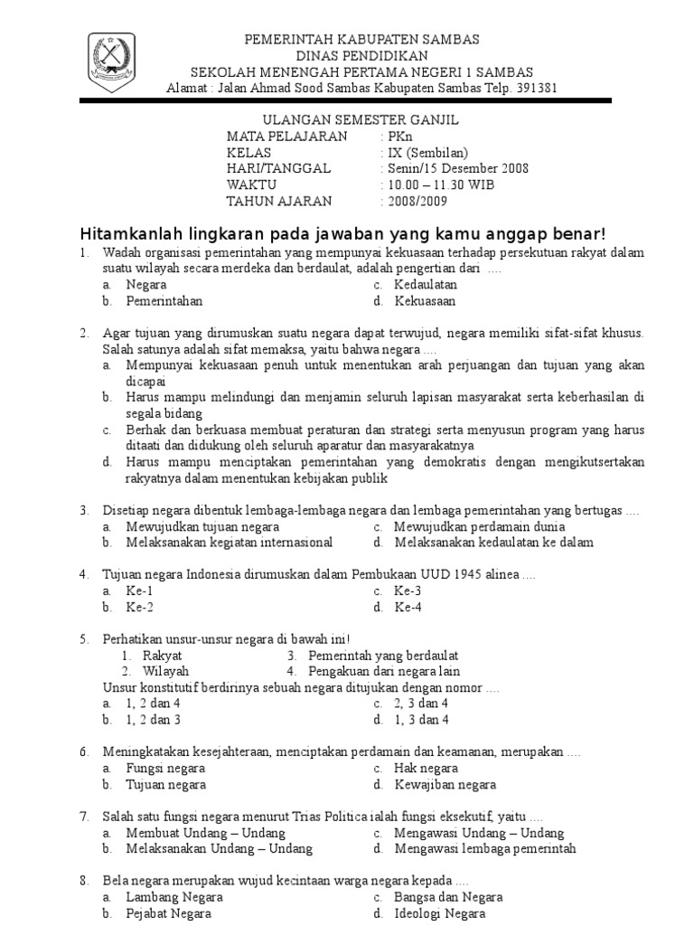 Contoh Soal Kelas 9 Kedaulatan Negara