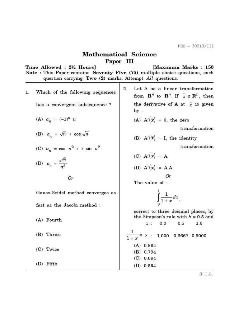 17FEB Mathematical Science PIII | PDF | Banach Space | Median