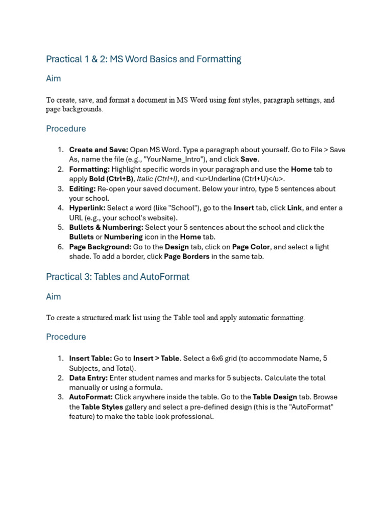 Practical 1 & 2: MS Word Basics and Formatting | PDF | Microsoft Word ...