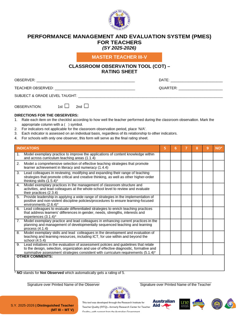 Annex E-2 - COT Rating Sheet For Distinguished Teacher (MTIII-MTV ...