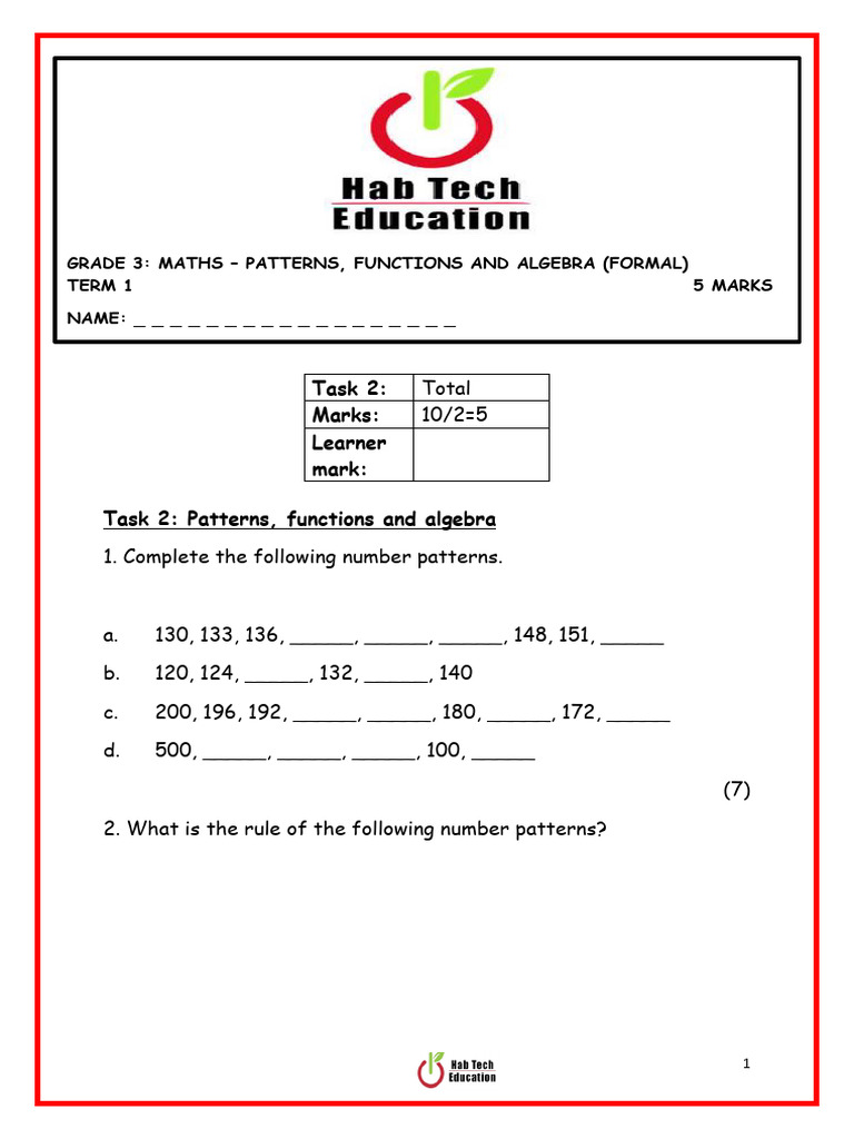 Grade 3 Term 1 Maths - Task 2 | PDF