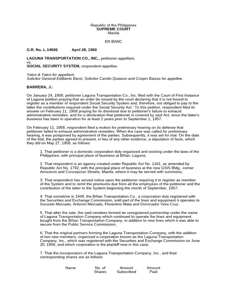 Laguna Transportation Co., Inc., Petitioner-Appellant, vs. Social ...