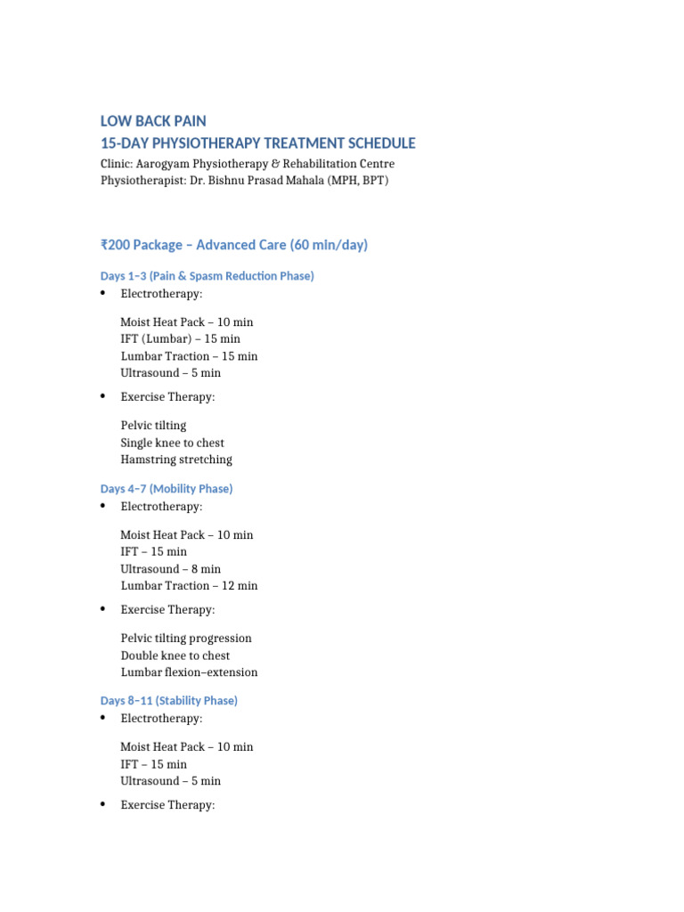 15 Days Low Back Pain Physiotherapy Schedule | PDF