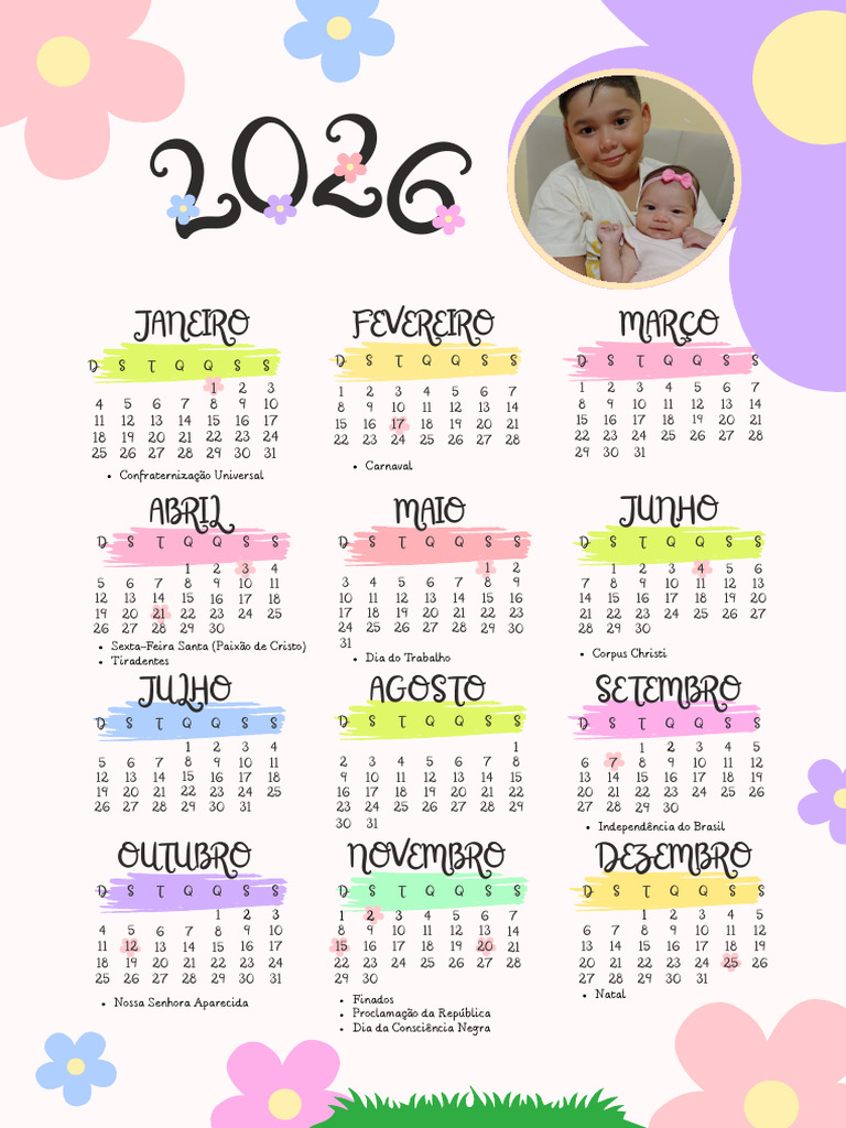 Rosa, Verde e Lilás Lúdico Calendário de 2026 A4 - 20260119 - 104443 ...