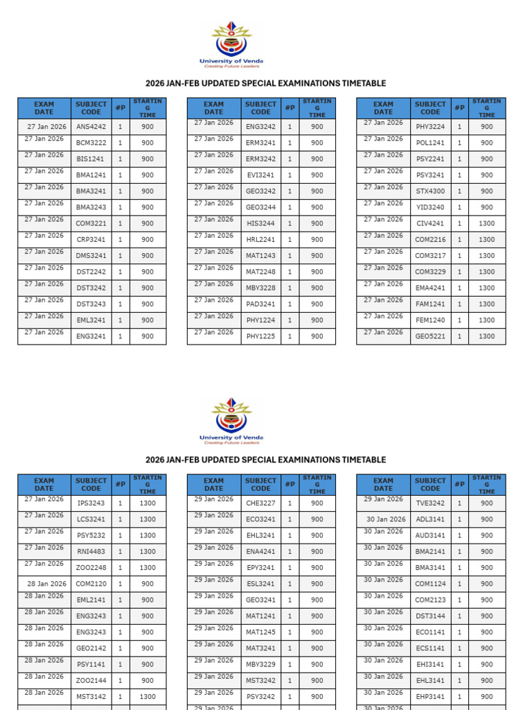 2026 Jan-Feb Updated Special Examination Timetable | PDF