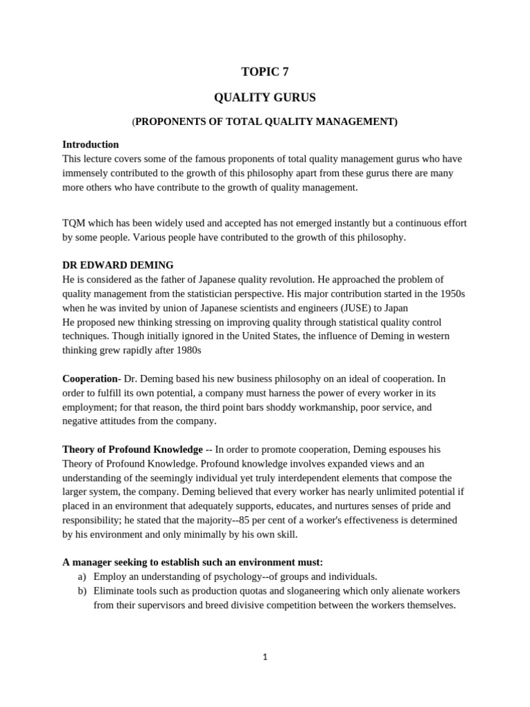 Topic 7 Quality Gurus | PDF | Quality Management | Economies