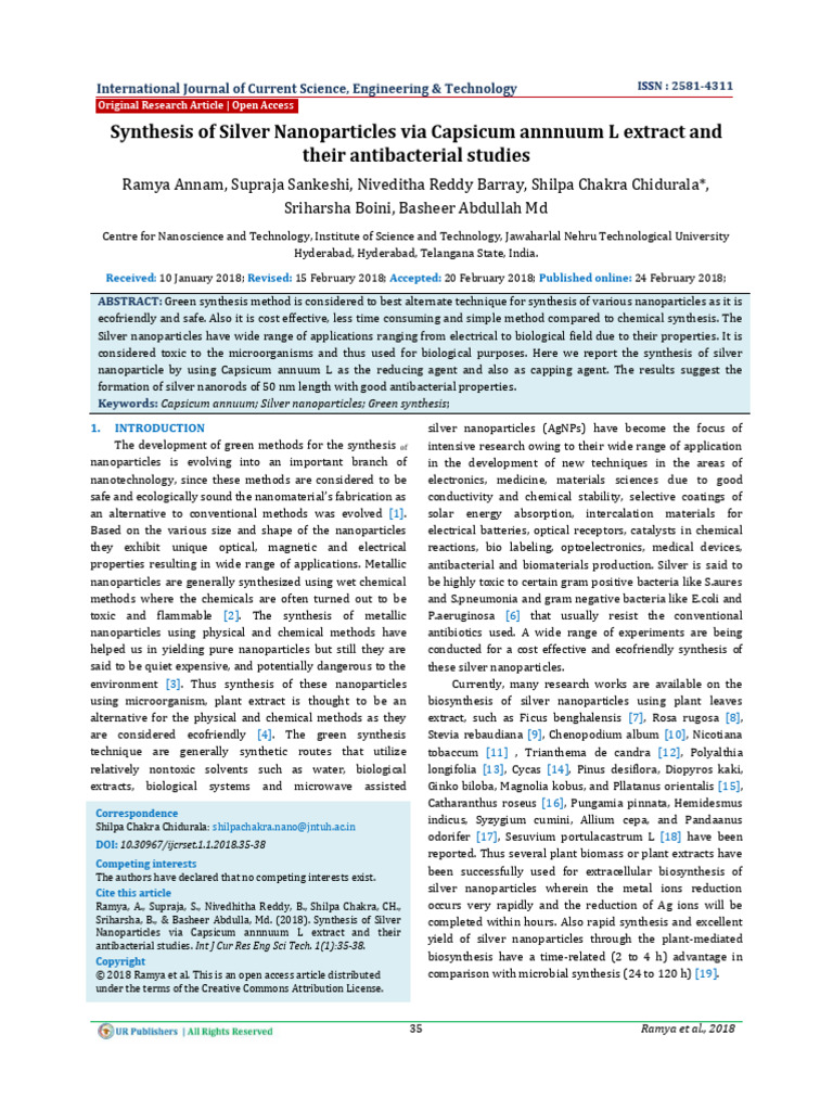 Synthesis of Silver Nanoparticles Via Capsicum Annnuum L Extract and ...