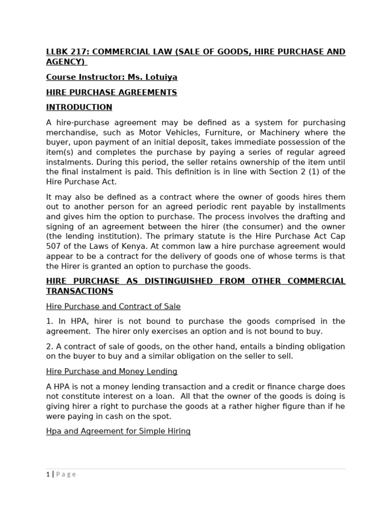Hire Purchase Agreements | PDF | Damages | Leasehold Estate