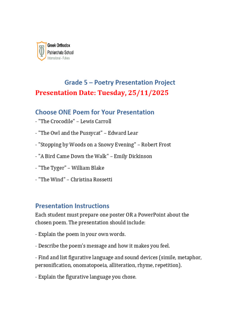 Grade 5 - Poetry Presentation Project | PDF