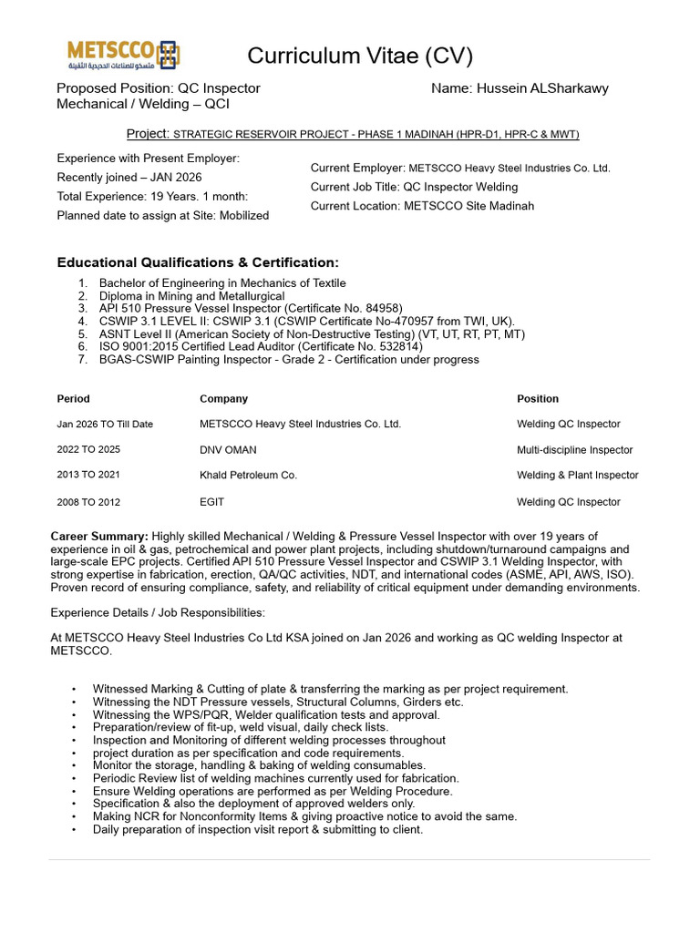 Hussein ALSharkawy QC Welding Inspector (Metscco) | PDF ...