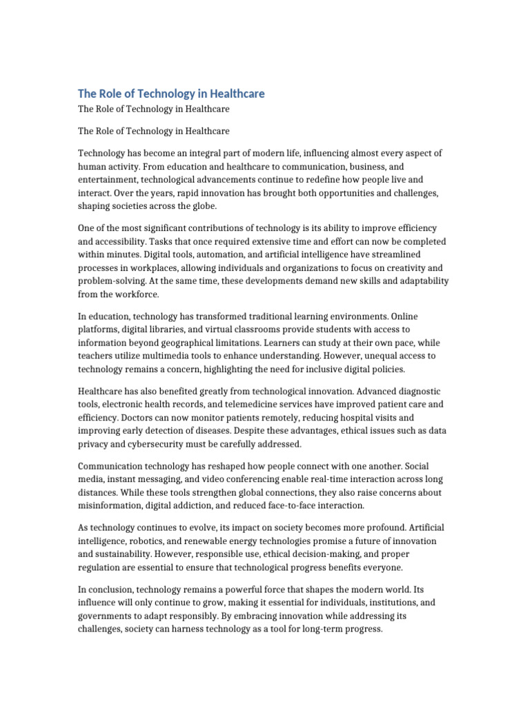 The Role of Technology in Healthcare 11 Pages | PDF | Distance ...