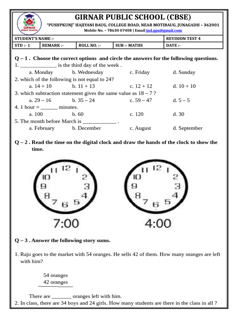 STD 1 Maths RT 4 | PDF