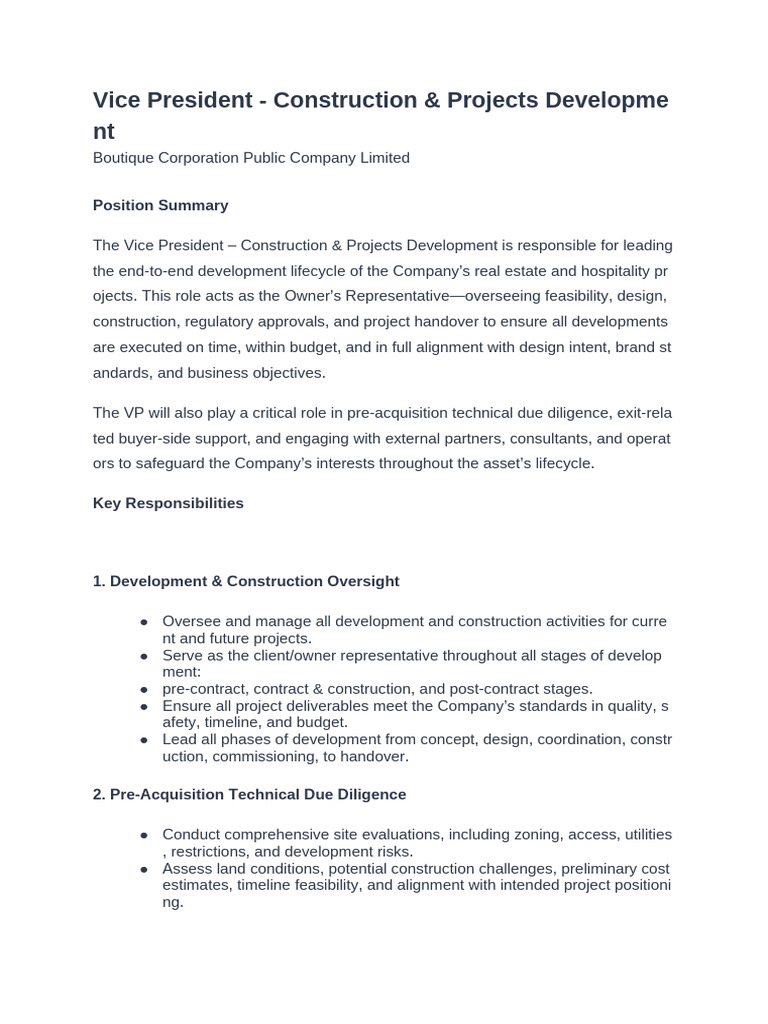 Boutique Vice President - Construction & Projects Development | PDF ...