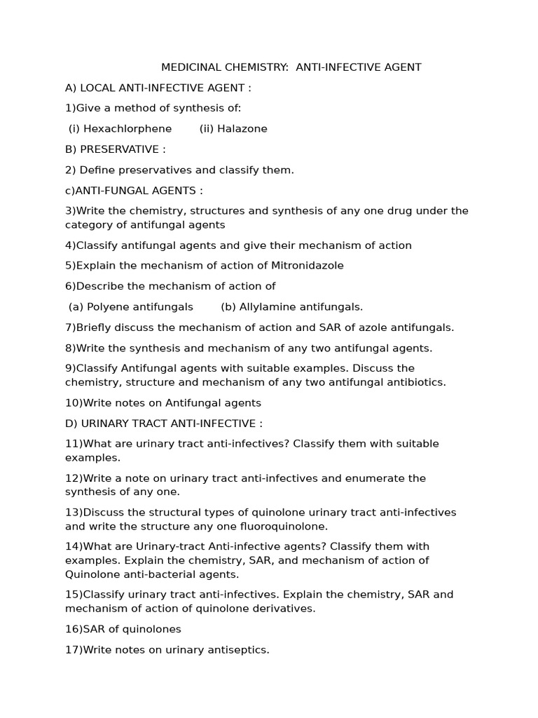 Medicinal Chemistry - Anti Infective Agents | PDF