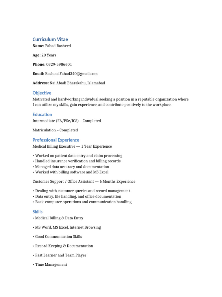 Fahad Rasheed CV | PDF