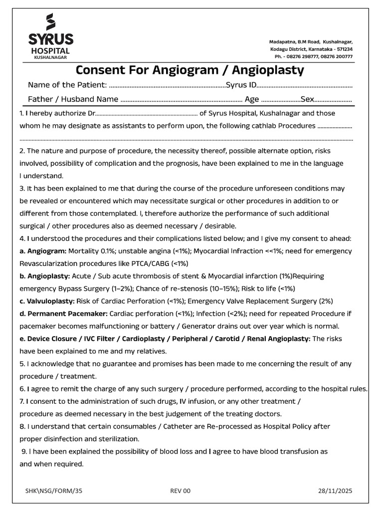 Consent For Angiogram and Angioplasty | PDF