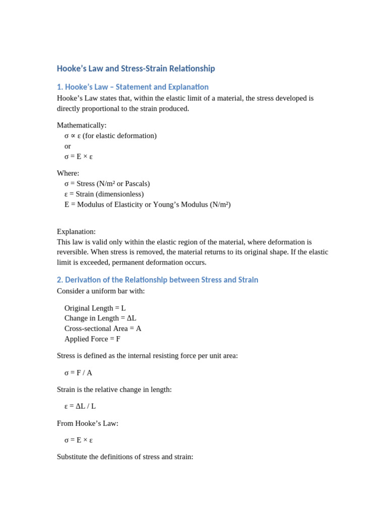 Hookes Law Stress Strain Derivation | PDF